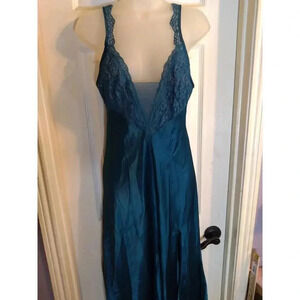 Victoria Secret Gold Label Maxi Slip Gown Dress Teal Slit Adjustable Straps 8